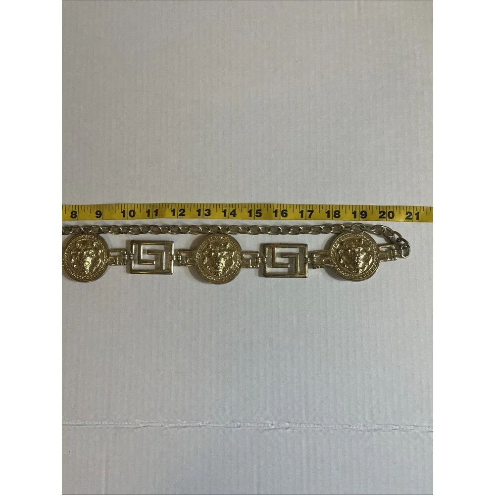 Lion Head Medallion Belt 42 In Gold Tone Chain Link Greek Key Chunky 80s Korea